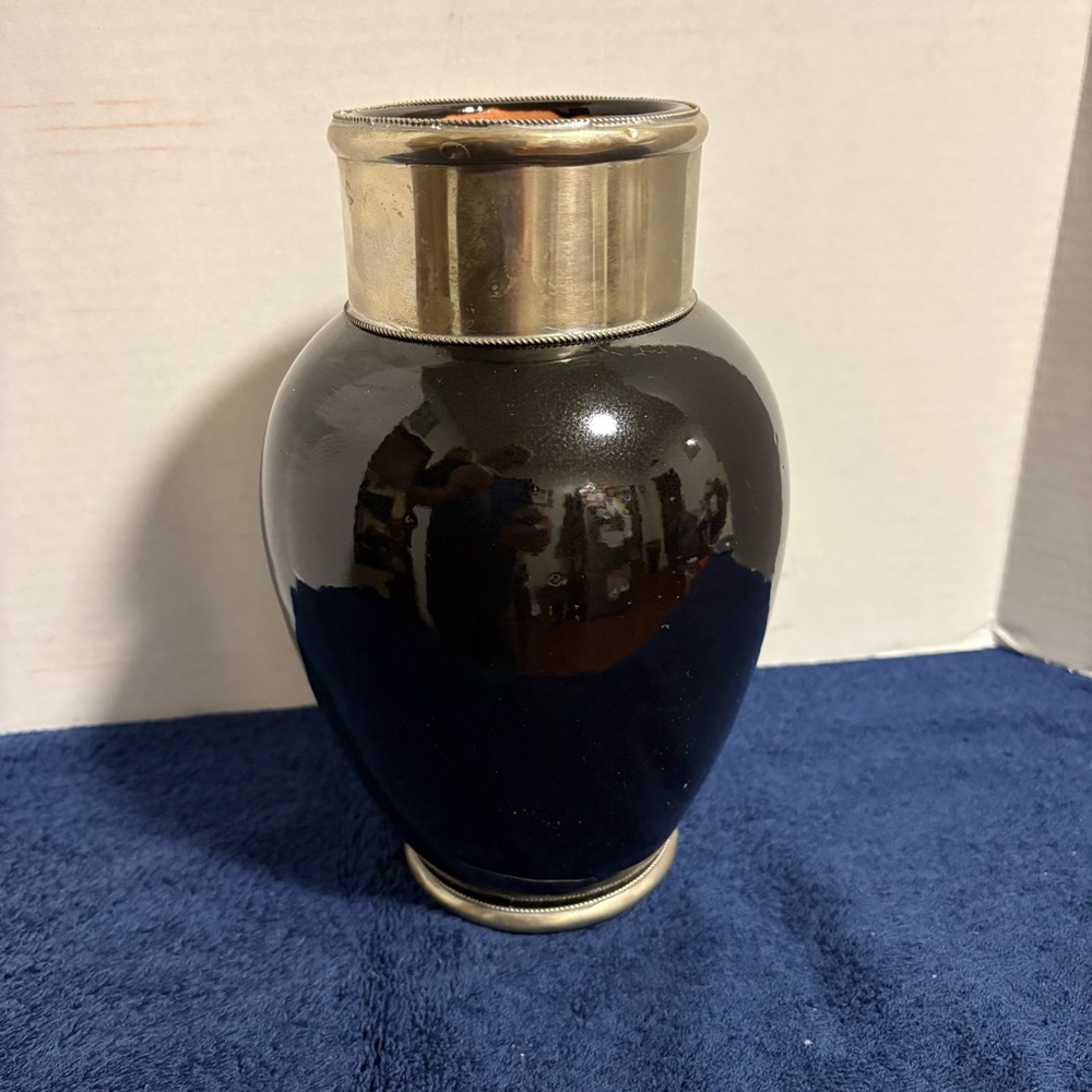 MCM Moroccan Clay Terra Cotta Black & Silver Metal Band Vase Urn 9 1/2" Gothic